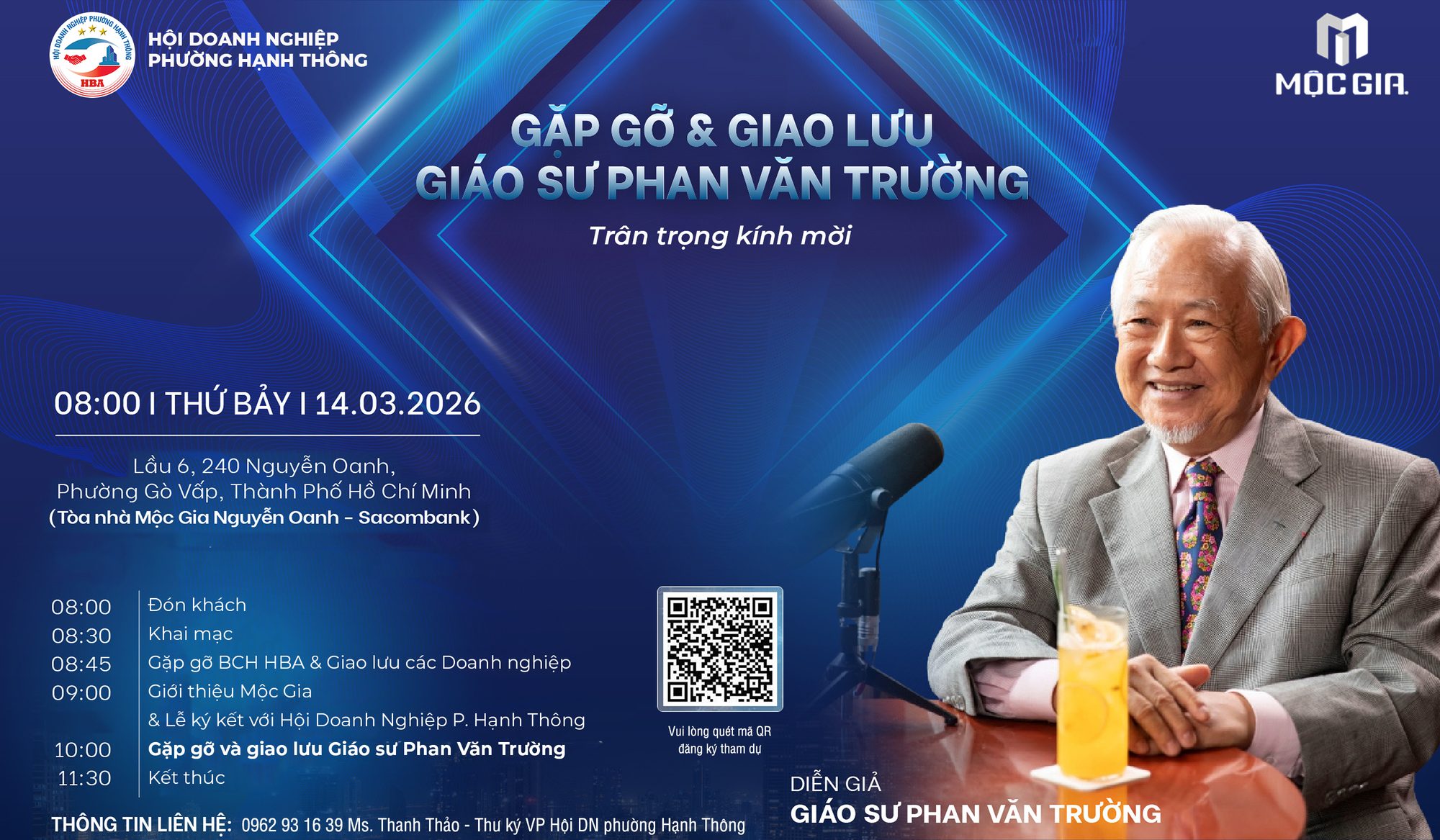 Thư mời gặp gỡ và giao lưu Giáo sư Phan Văn Trường, lúc 08:00 ngày 14/3/2026 tại lầu 6, 240 Nguyễn Oanh; kèm chương trình và mã QR đăng ký.