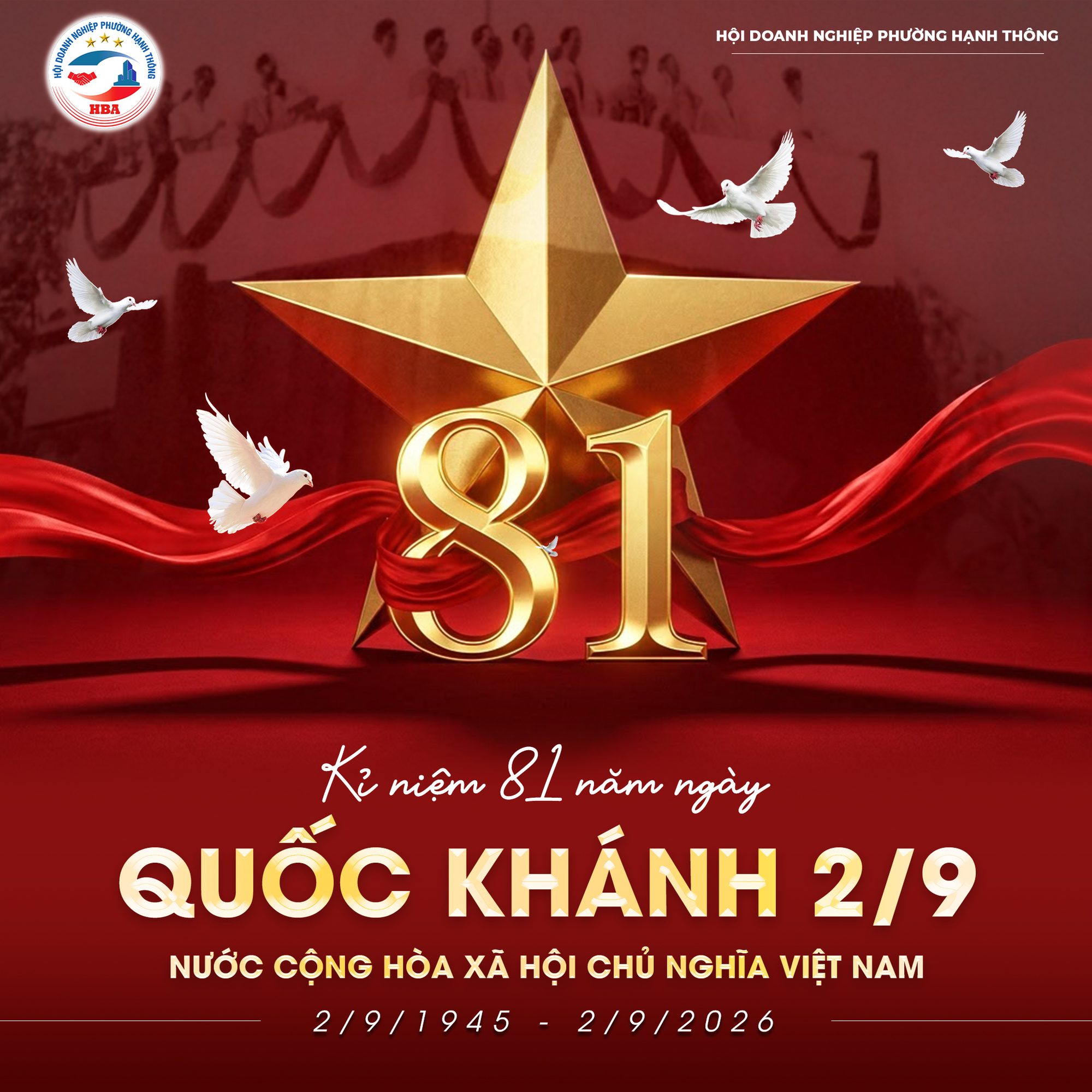 Ảnh kỷ niệm 81 năm Quốc khánh 2/9/1945–2/9/2026, nền đỏ với ngôi sao vàng, chim bồ câu và hình ảnh lịch sử.