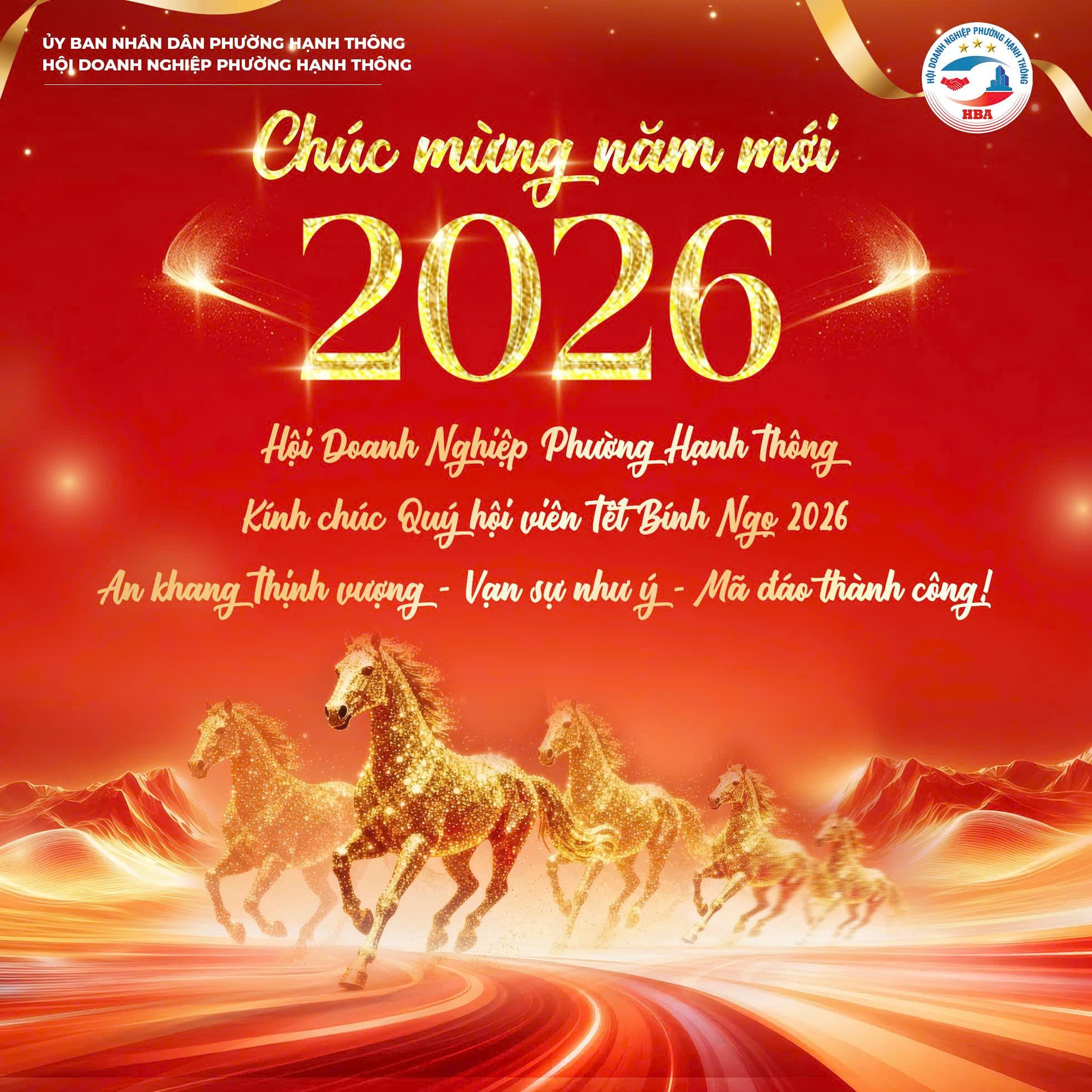 Thiệp chúc mừng năm mới Bính Ngọ 2026 của Hội Doanh nghiệp phường Hạnh Thông, nền đỏ, chữ vàng và hình những chú ngựa tượng trưng cho lời chúc mã đáo thành công.