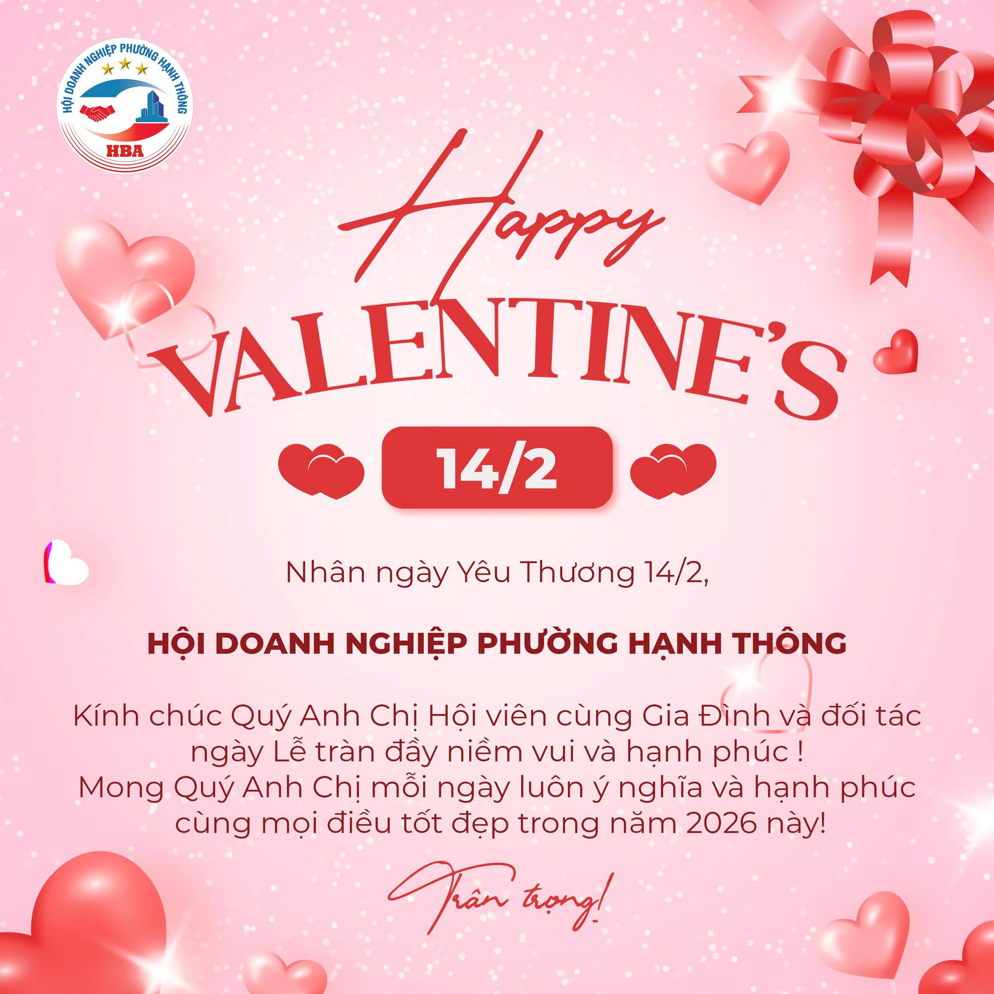 Thiệp chúc mừng Valentine 14/2 năm 2026 của Hội Doanh nghiệp phường Hạnh Thông, nền hồng, hình trái tim và lời chúc dành cho hội viên, gia đình cùng đối tác.