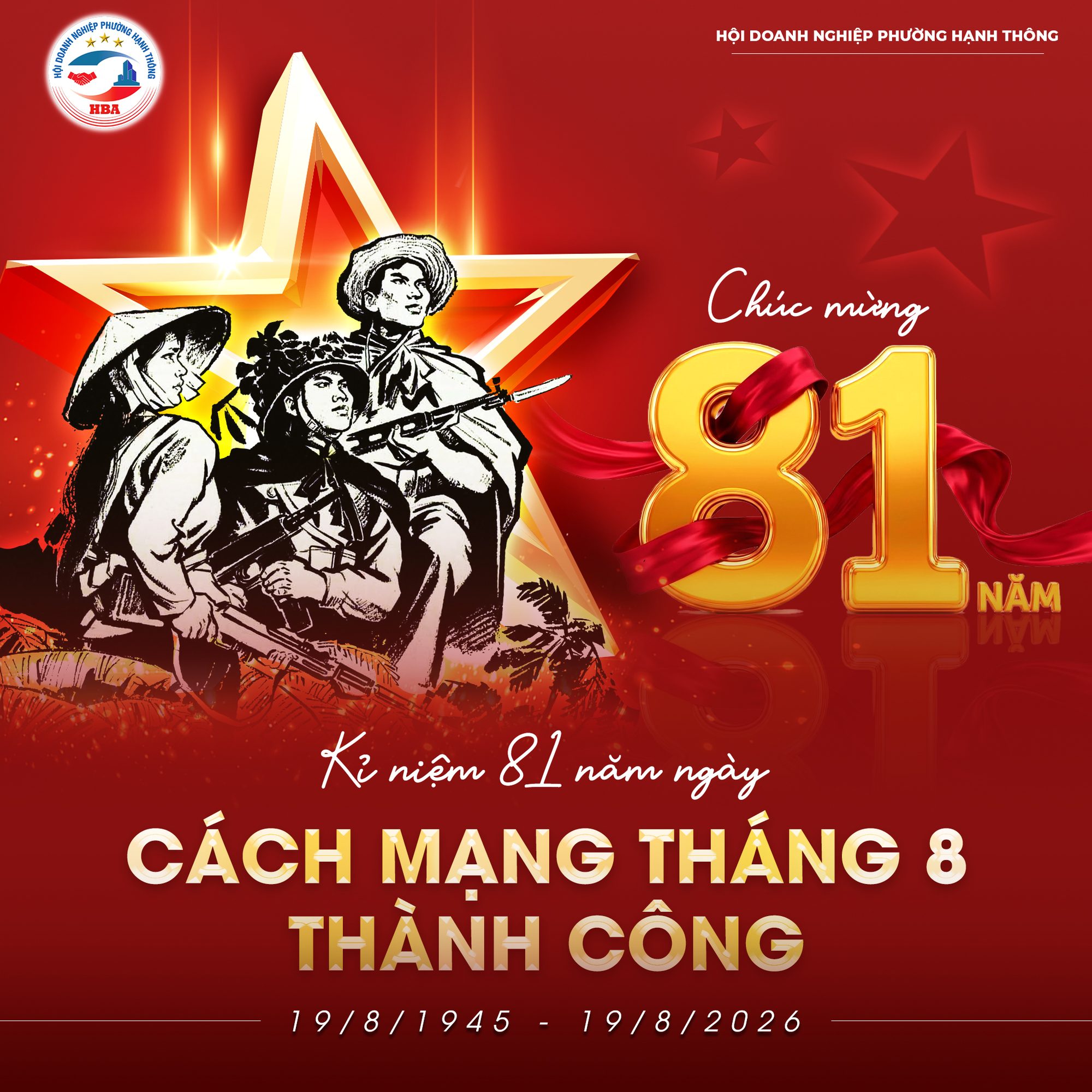 Ảnh kỷ niệm 81 năm Cách mạng Tháng Tám thành công, 19/8/1945–19/8/2026, với nền đỏ, ngôi sao vàng và hình minh họa lịch sử.