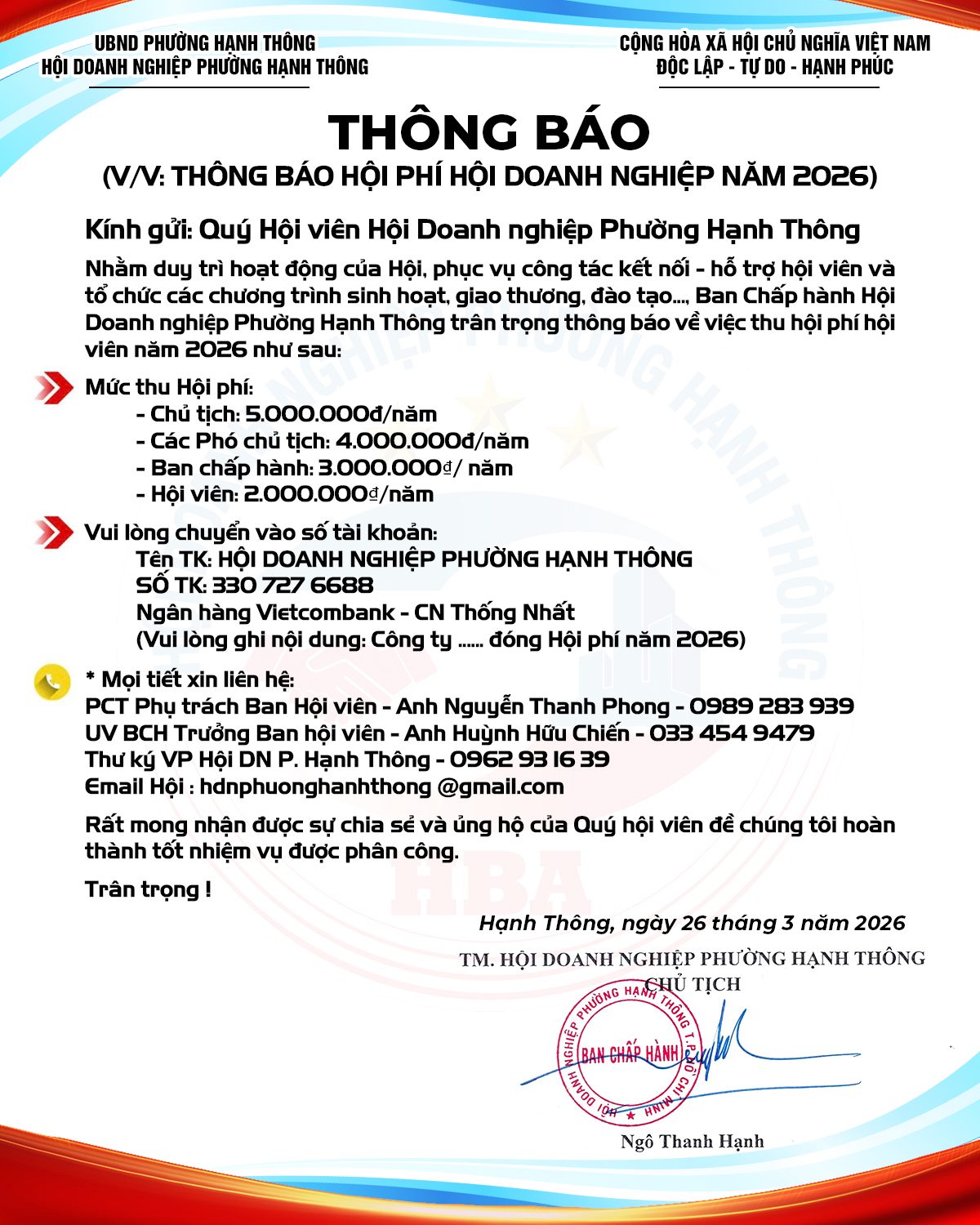 Toàn văn thông báo hội phí năm 2026 của Hội Doanh nghiệp phường Hạnh Thông, ngày 26 tháng 3 năm 2026, có chữ ký và con dấu.
